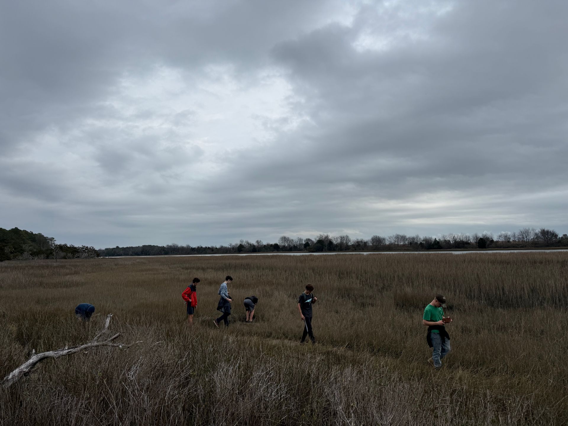People walking through a grassy field under a cloudy sky, some wearing bright jackets.