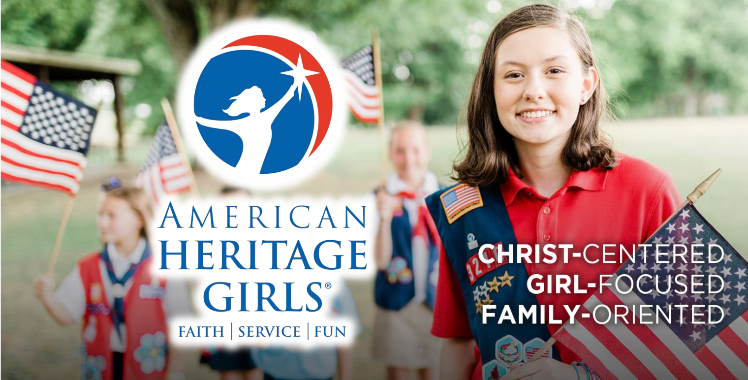 American Heritage Girls logo over smiling girl holding an American flag, with “Christ-centered, girl-focused, family-oriented” text