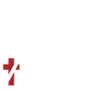 Red cross, diagonally bisected, on a white background.