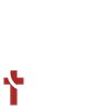 Red cross with curved white accent.