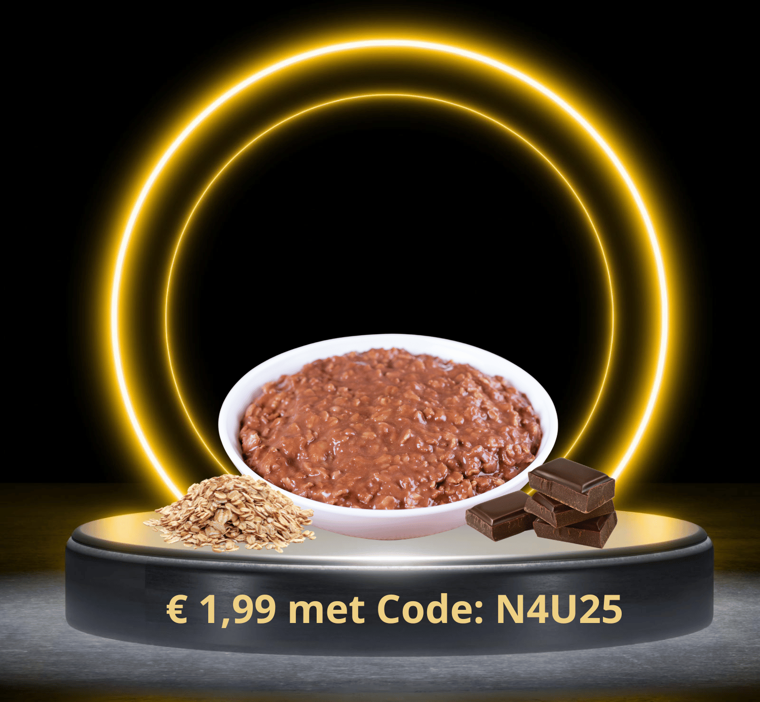 Een kom chocolade havermout met een gloeiende cirkel eromheen