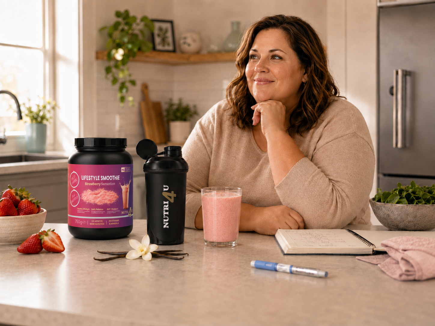 Woman at kitchen counter with pink protein shake, supplement jar, and notebook in a bright home kitchen