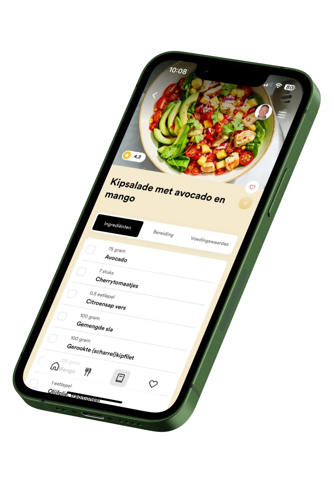 Afbeelding van smartphone met receptweergave in de Nutri 4U Voedingsapp 4U