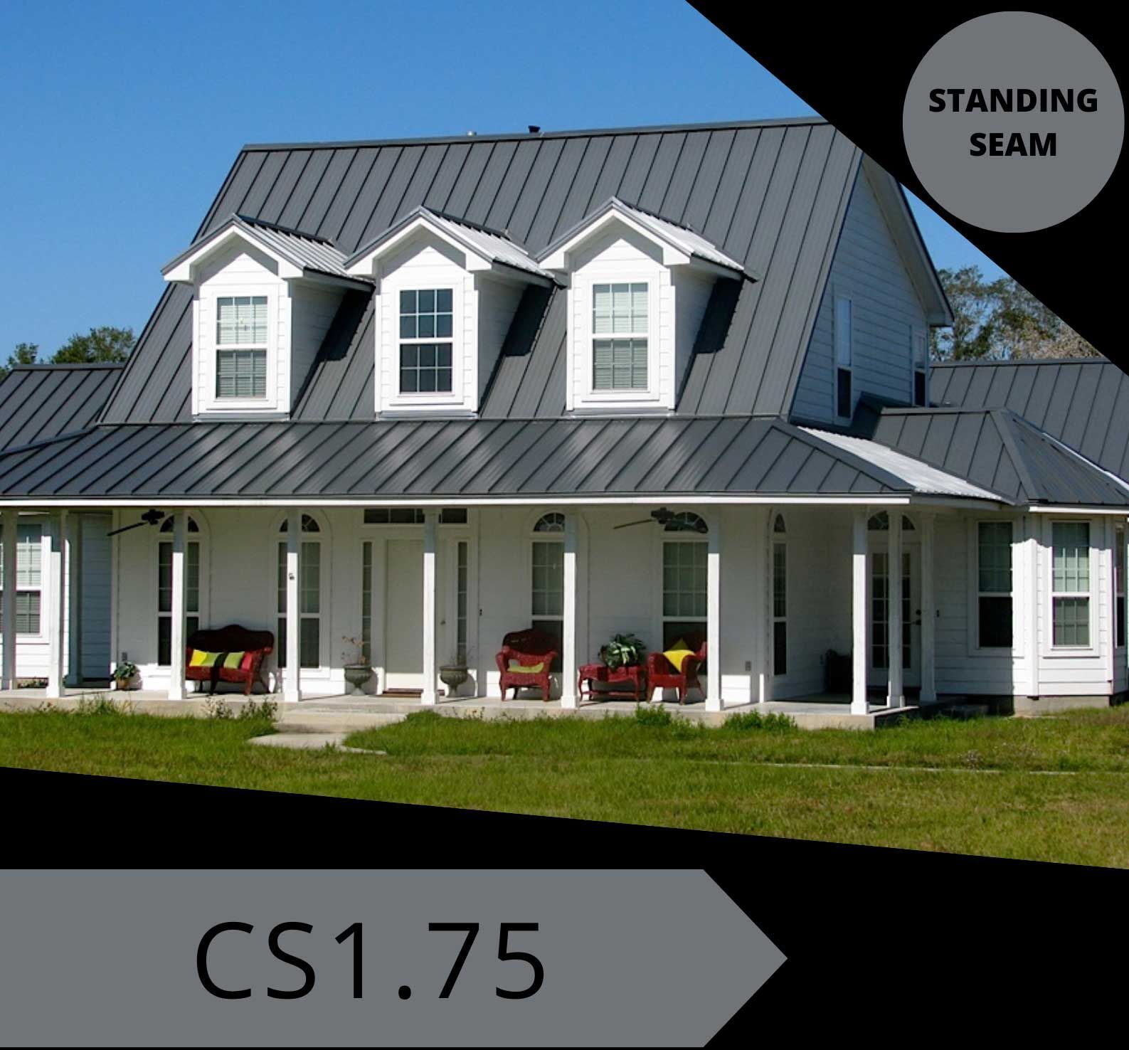 A white house with a standing seam metal roof