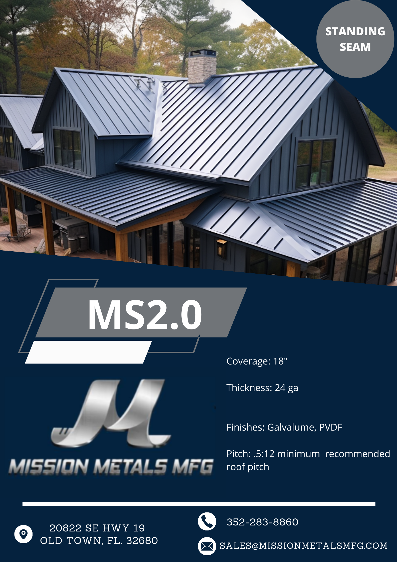 A poster for mission metals mfg shows a house with a metal roof.