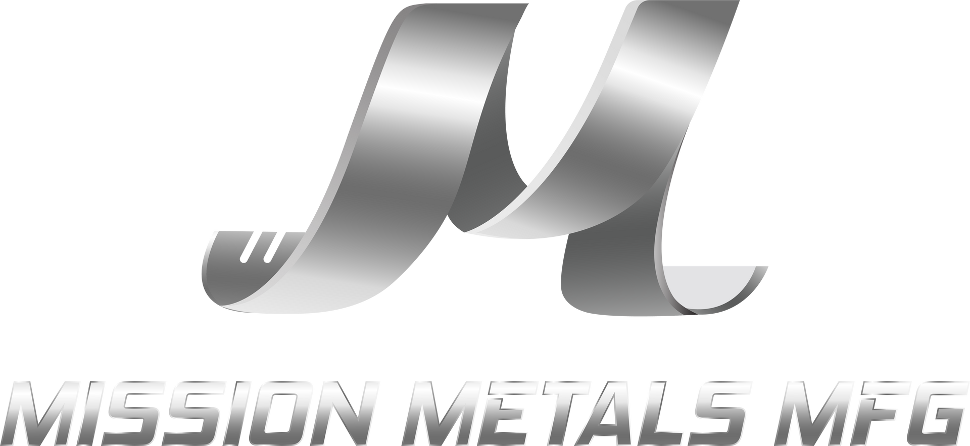 A logo for mission metals mfg with a silver letter m on a white background.