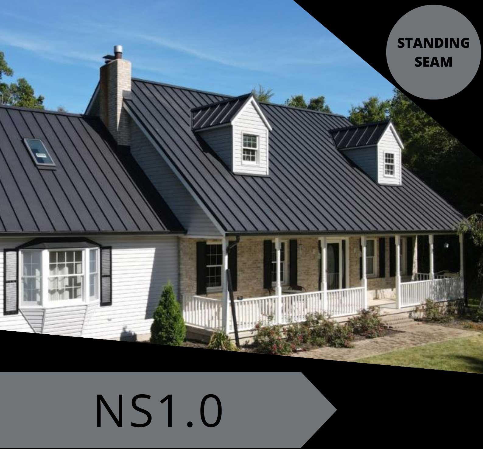 A white house with a black roof that says standing seam