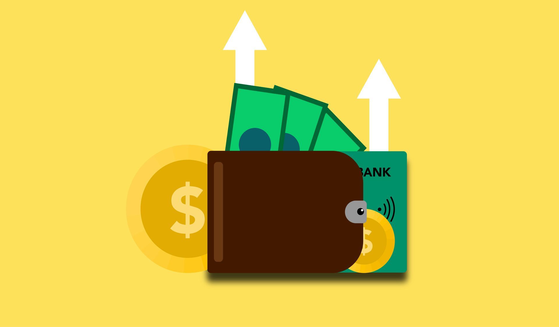 A wallet filled with money and a credit card with arrows pointing up.