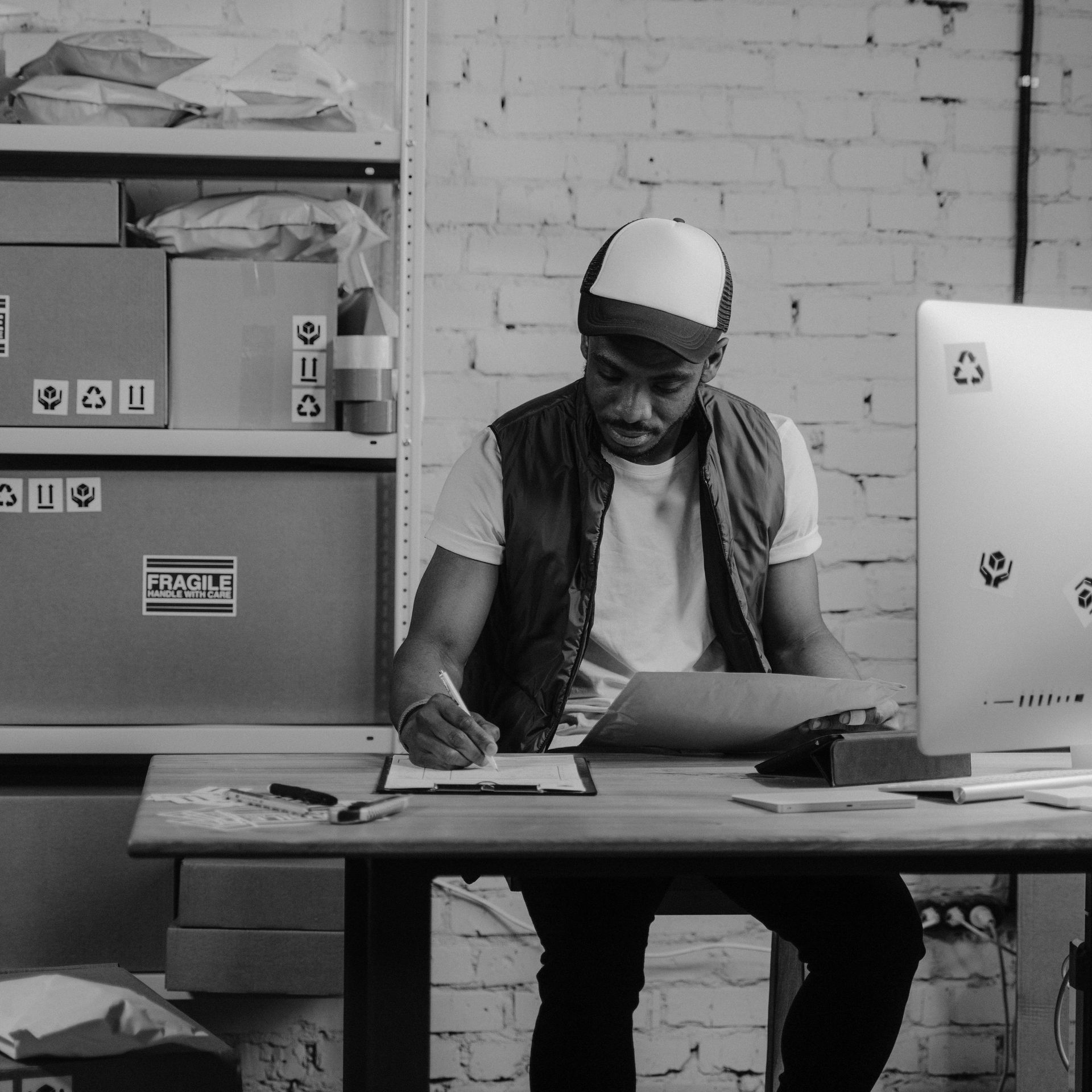 A man at a workstation taking notes on a clipboard.