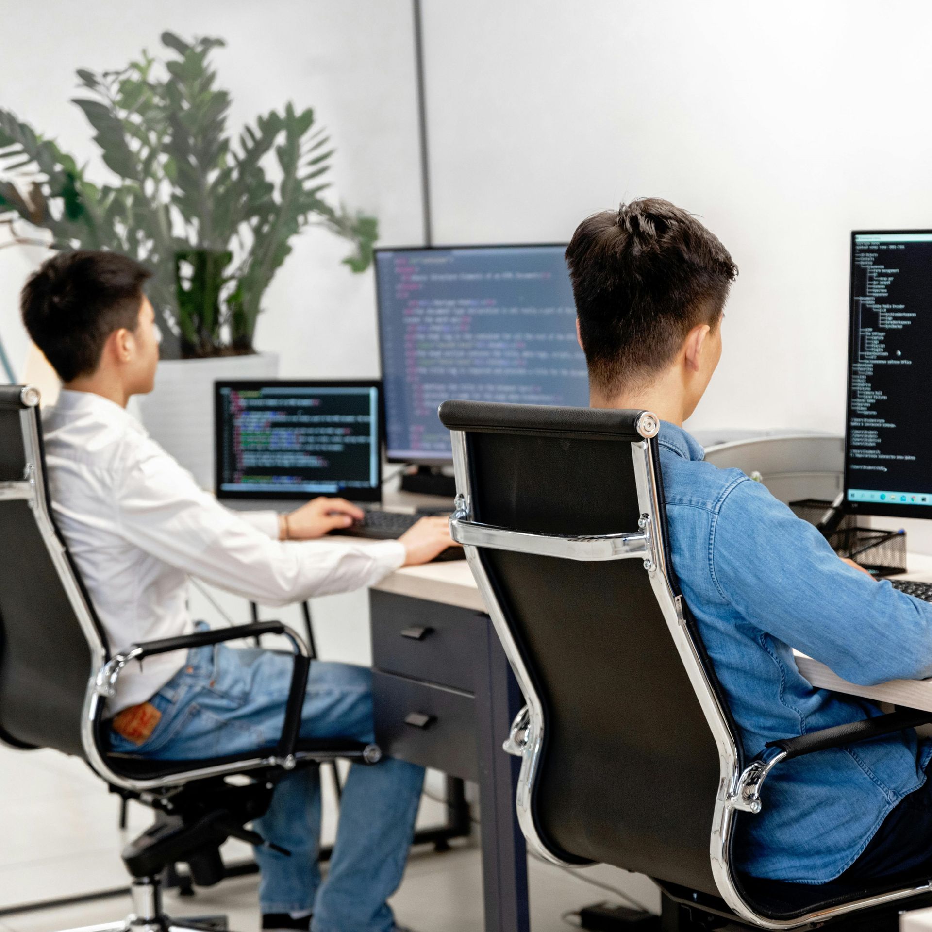 Two people at computer desks working,.