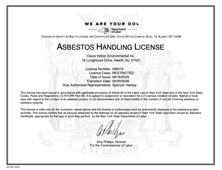 Asbestos handling license certificate with official text, seal, and signature on white background