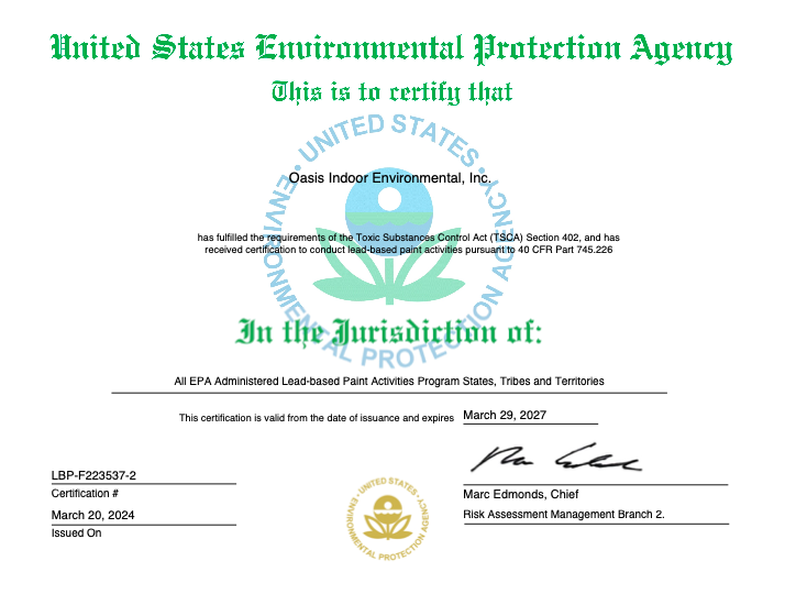 EPA environmental certificate with green header, official seal, and signatures on white paper