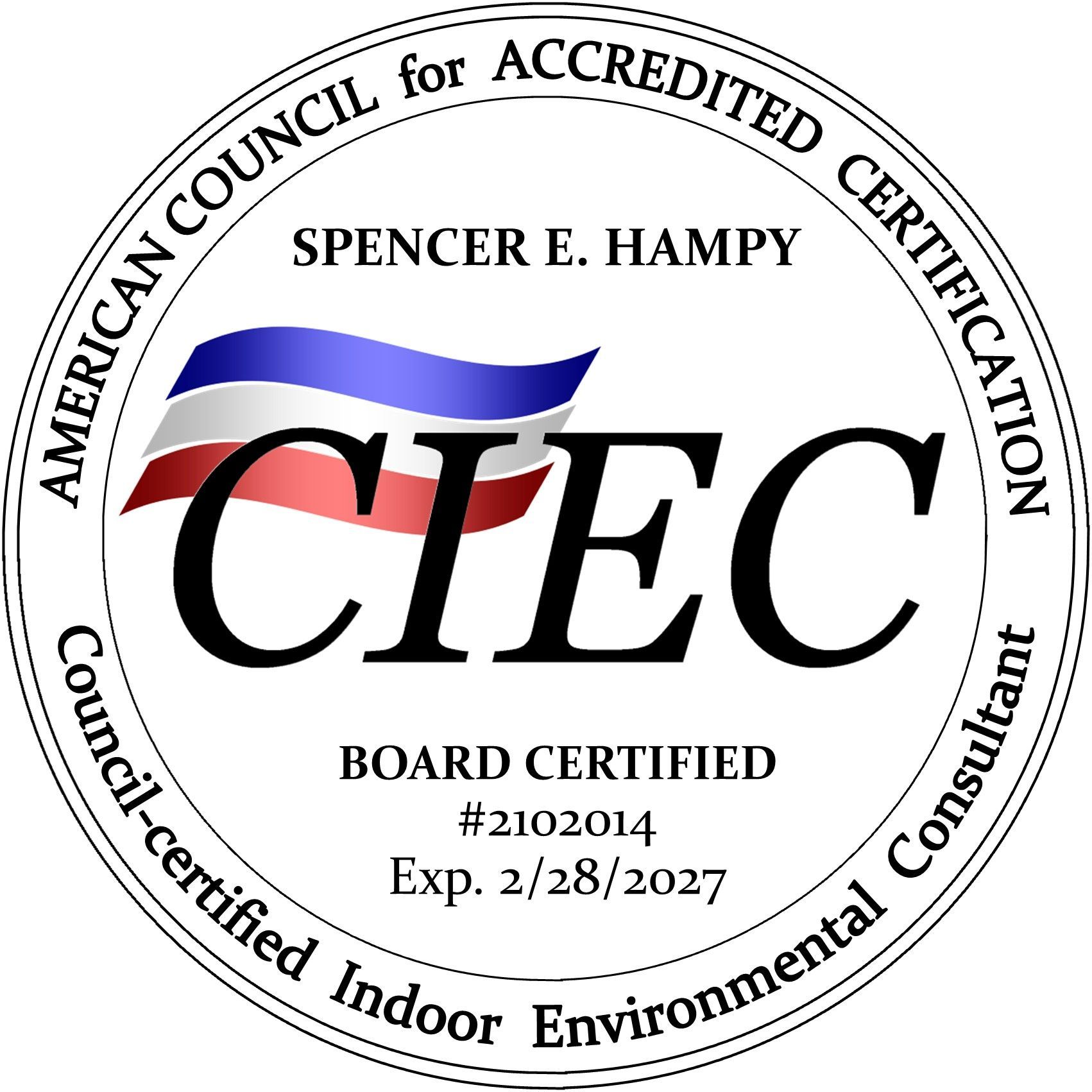 CIEC board certification seal with Spencer E. Hampy and American Council for Accredited Certification text