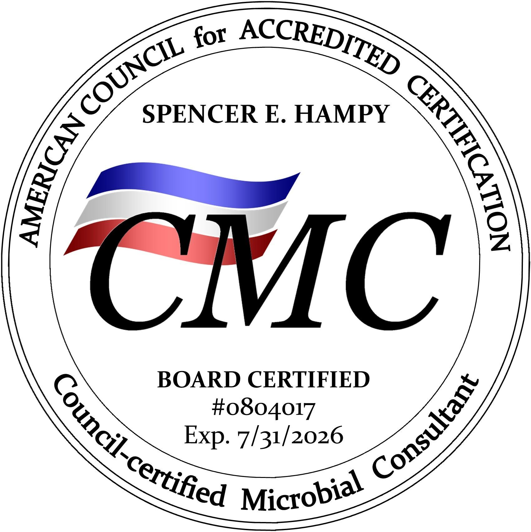 Circular CMC certification seal with blue-red ribbon, “Board Certified,” and Spencer E. Hampy name.
