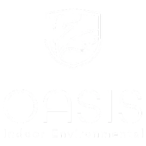 Logo for Oasis Indoor Environmental, blue and green shield with leaf, text: Oasis Indoor Environmental.
