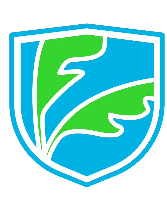 Blue shield logo with two green leaves outlined in white