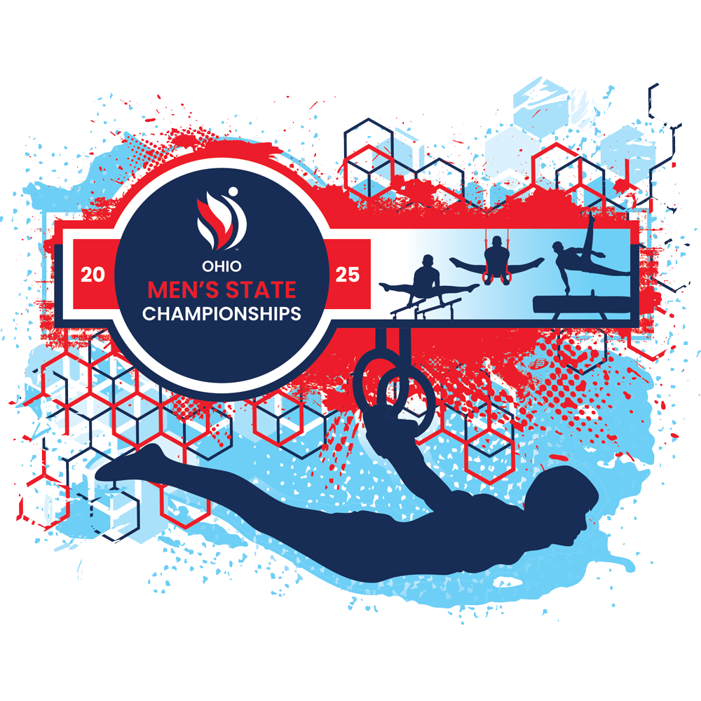 Ohio Men’s State Championships poster with red, blue and white gymnasts silhouette and geometric background