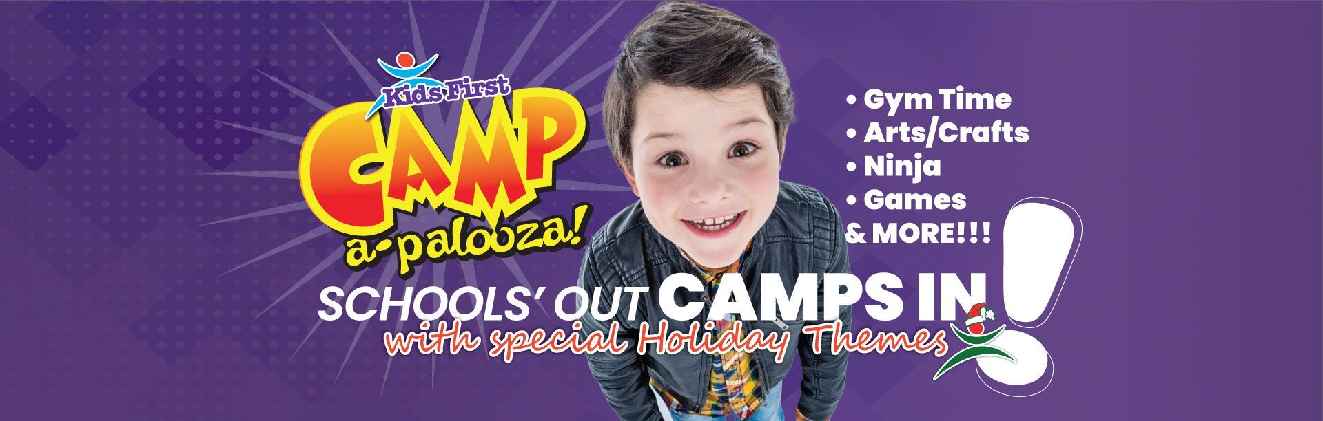 Colorful banner for Camp Explosion with a smiling child and text: “Schools Out! Camps In!”