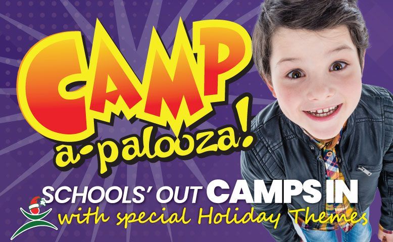 Camp Apalooza school holiday camp poster with smiling child and bold yellow-red text on purple background