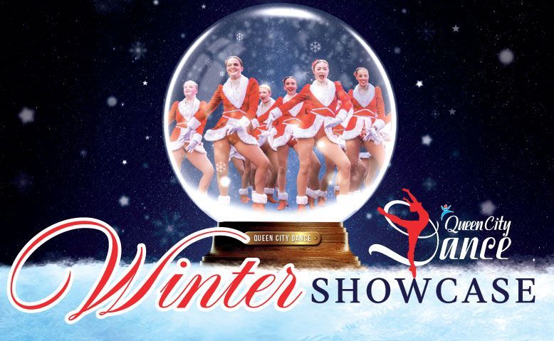 Winter Showcase poster with dancers in red and white costumes inside a glowing snow globe