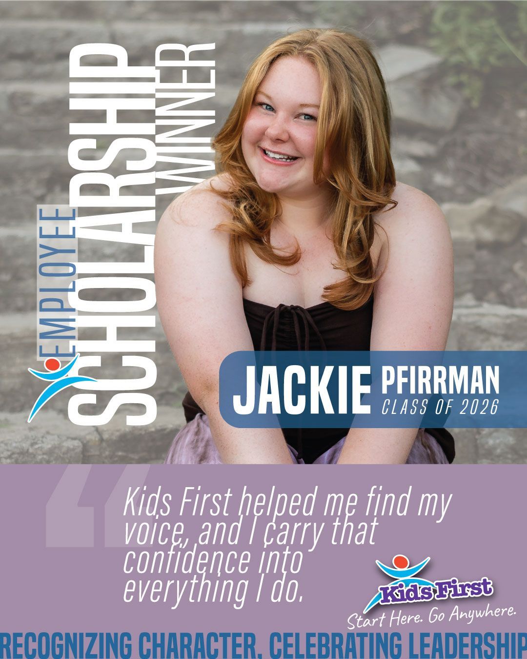 Portrait of Jackie Pfirman with “Employee Scholarship Winner” text and Kids First scholarship message