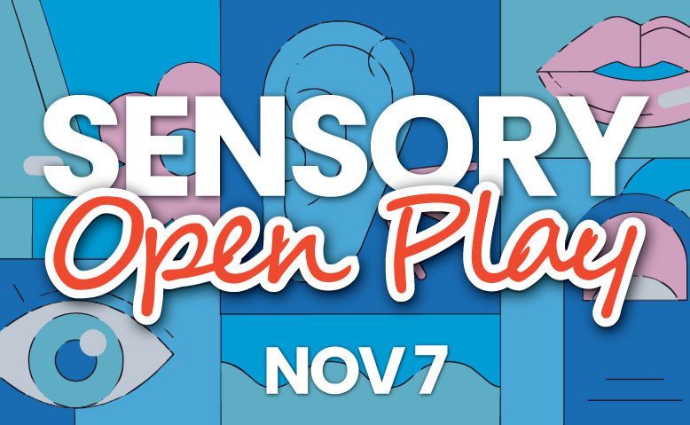 Sensory Open Play event poster in blue and pink with playful icons; text says Nov 7