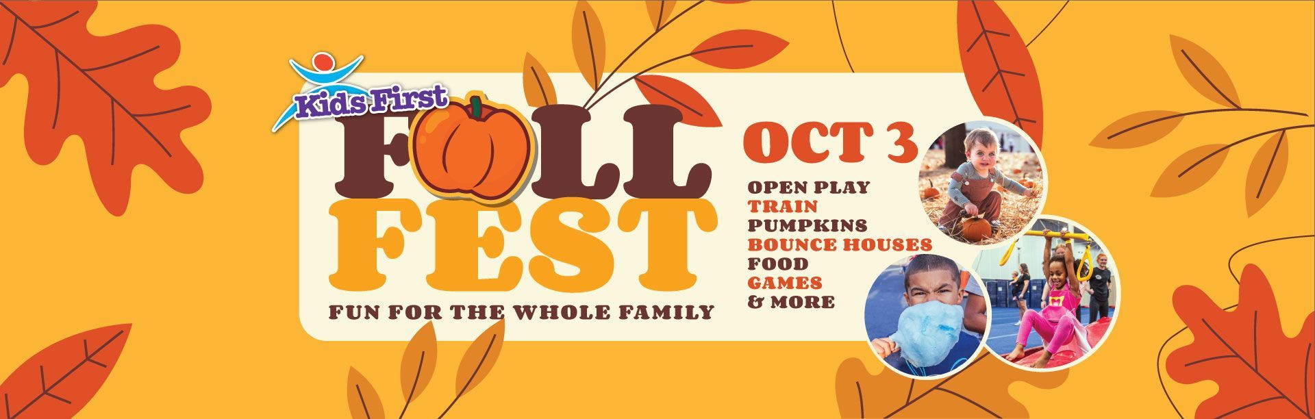 Fall Fest poster with orange leaves, white text, and an OCT 3 event listing with three circular photos.