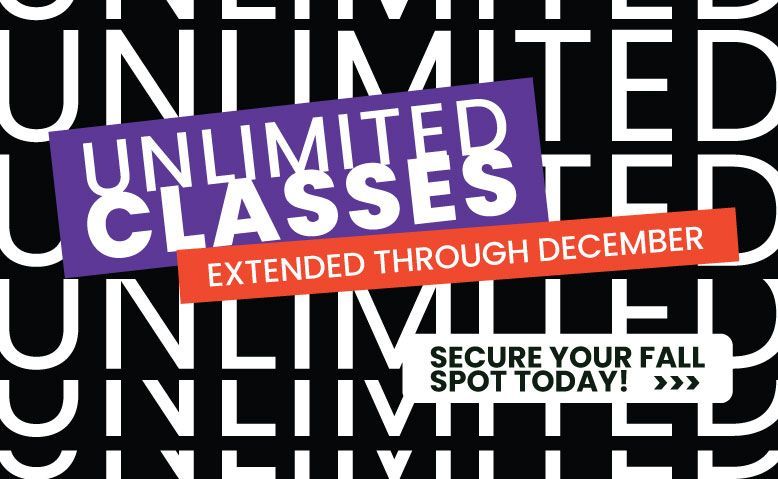 Unlimited classes banner in purple and orange with “Extended through December” and “Secure your fall spot today!”