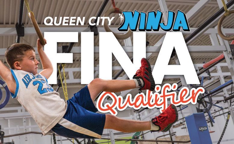Ninja athlete swinging on an obstacle course with “Queen City Ninja FINA Qualifier” text overlay