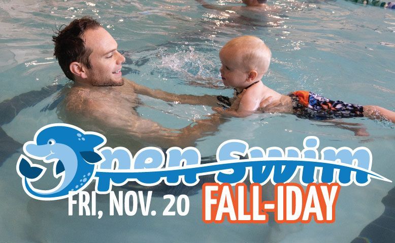 Man and baby in a pool with “non swim” Fall-I-Day event text