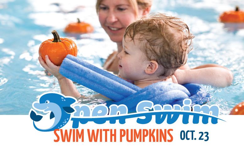 Child in pool holding pumpkin with adult nearby; text reads 