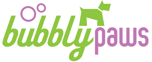 Bubbly Paws logo with lime green and purple text and a green dog silhouette