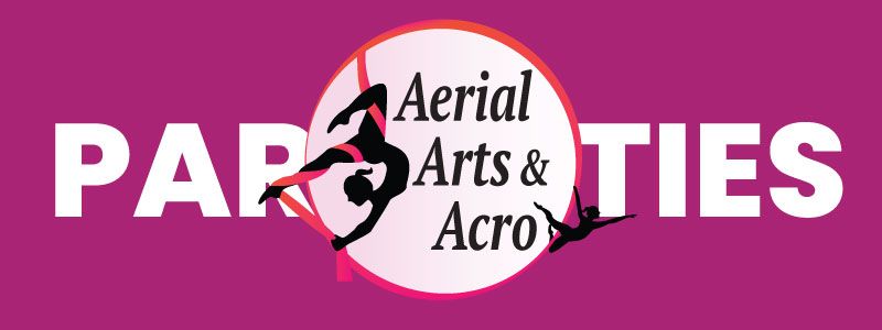 Click Here now! Logo for Aerial Arts & Acro parties with a silhouetted acrobat inside a white circle on a pink background.