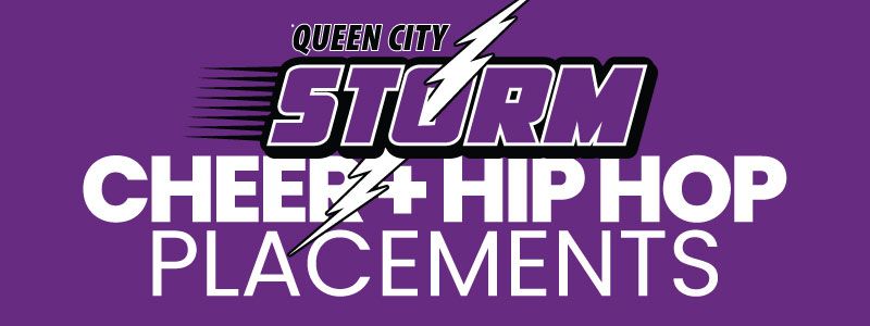 Queen City Storm Cheer Hip Hop Placements logo in purple, black, and white