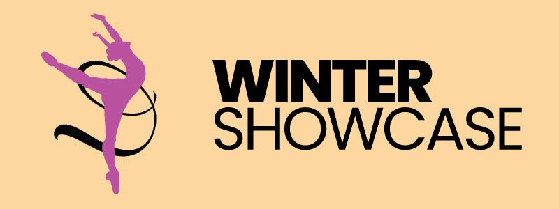 Pink dancer silhouette beside bold black text reading “WINTER SHOWCASE” on a light background