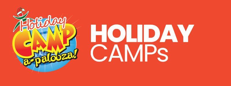 Holiday Camps logo on orange background with colorful “Camp” and “HOLIDAY CAMPS” text