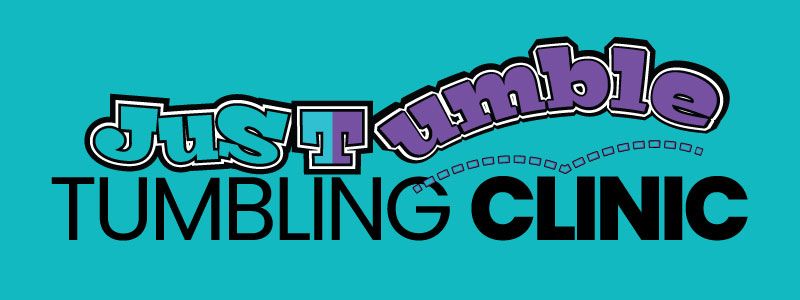 Logo reading “Just Tumble” and “Tumbling Clinic” in teal, purple, and black on a light blue background
