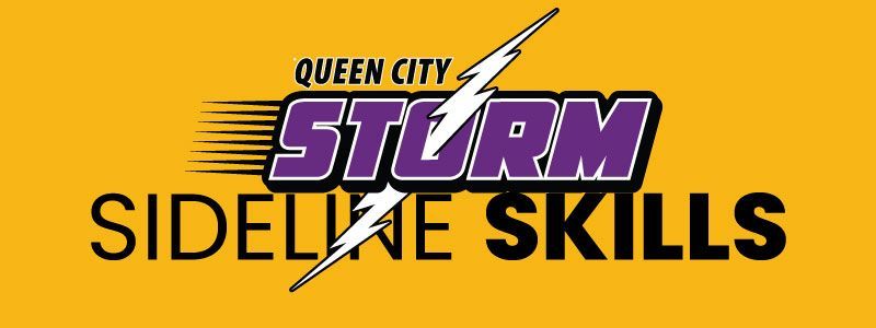 Queen City Storm Sideline Skills logo on a gold background, featuring a purple STORM with a lightning bolt.