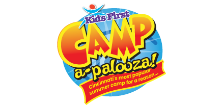 Logo for Kids First Camp a-palooza! in Cincinnati, Ohio, with text on a blue globe and a red banner.