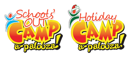 Camp a-palooza! School's Out Camps logo with red and orange colors and child-like illustrations.