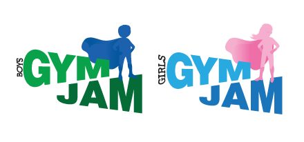 Two GYM JAM logos: green with blue figure, and blue with pink figure, on white background