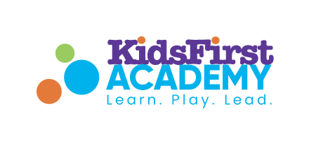 KidsFirst Academy logo with colorful circles and the slogan “Learn. Play. Lead.”