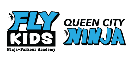 Logo for Fly Kids Ninja + Parkour Academy. Features blue text, with a black border, and a ninja silhouette.
