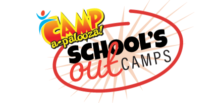 Camp a-palooza! School's Out Camps logo with red and orange colors and child-like illustrations.