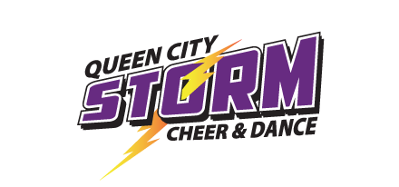 Queen City Storm Cheer & Dance logo in purple, black, gold, and white with a lightning bolt