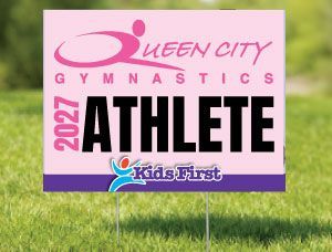 Pink Queen City Gymnastics 2027 athlete yard sign on green grass with Kids First logo