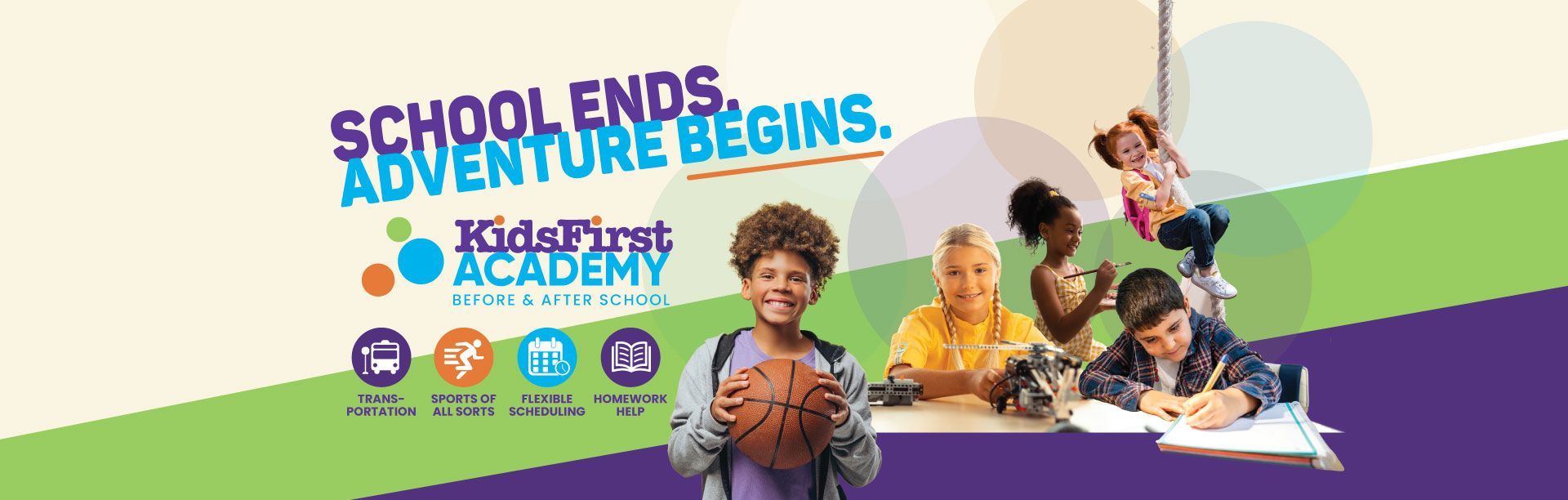 School Ends, Adventure Begins! KidsFirst Academy banner with children reading and learning outdoors