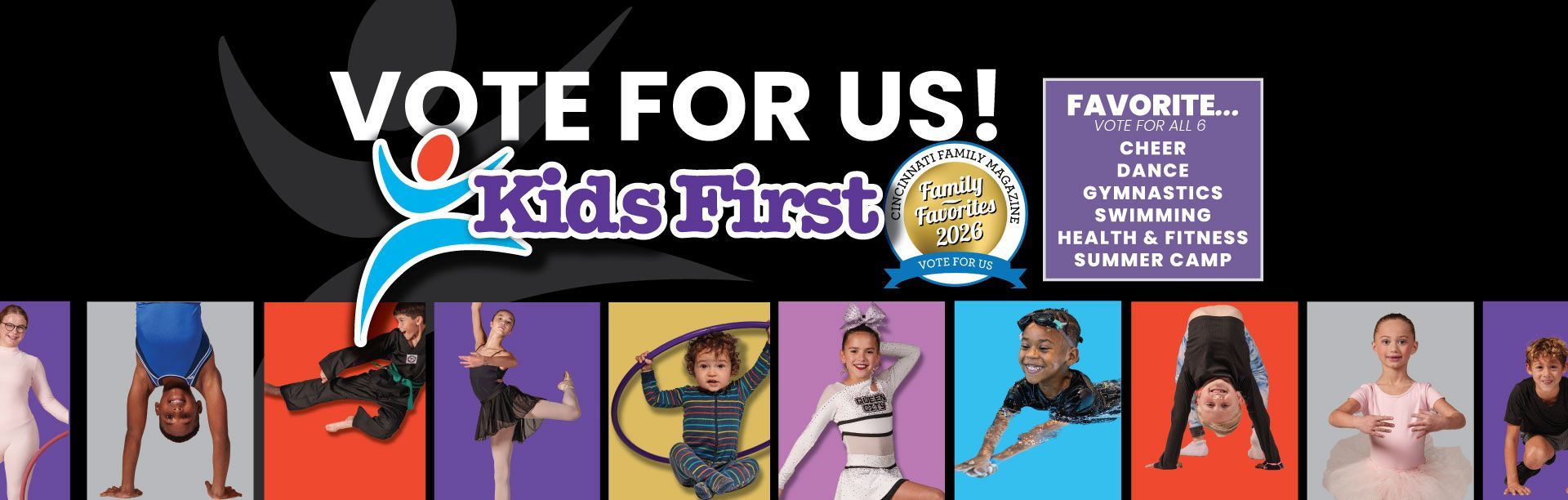 “VOTE FOR US!” Kids First poster with cartoon portraits of children on colorful backgrounds