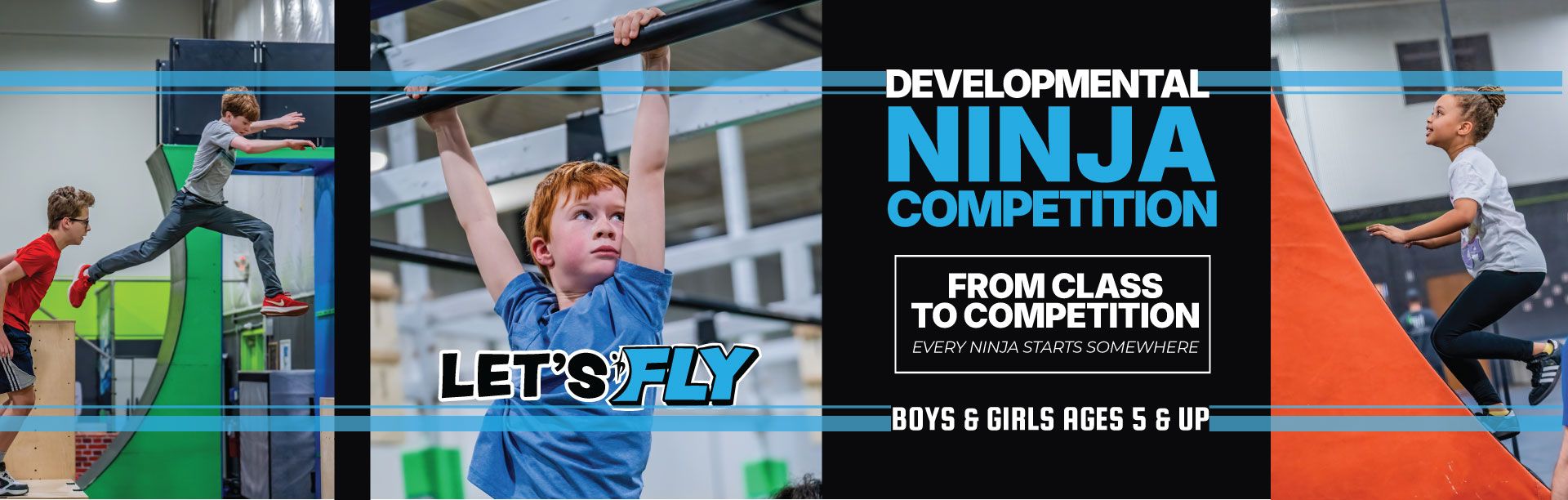 Futuristic ninja competition banner with climbers, blue and orange accents, and bold event text