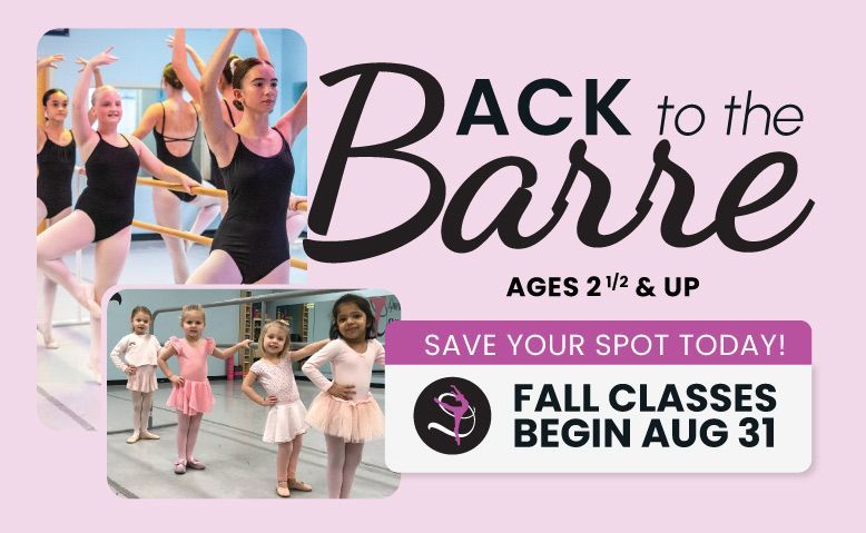 Dance class promo with women in workout clothes, “Back to the Barre,” sale and fall classes begin Aug. 31.